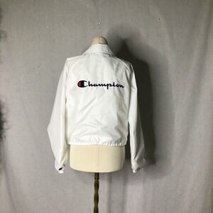 Champion Womens Size Small White Retro Logo Spellout Cropped Windbreaker Jacket